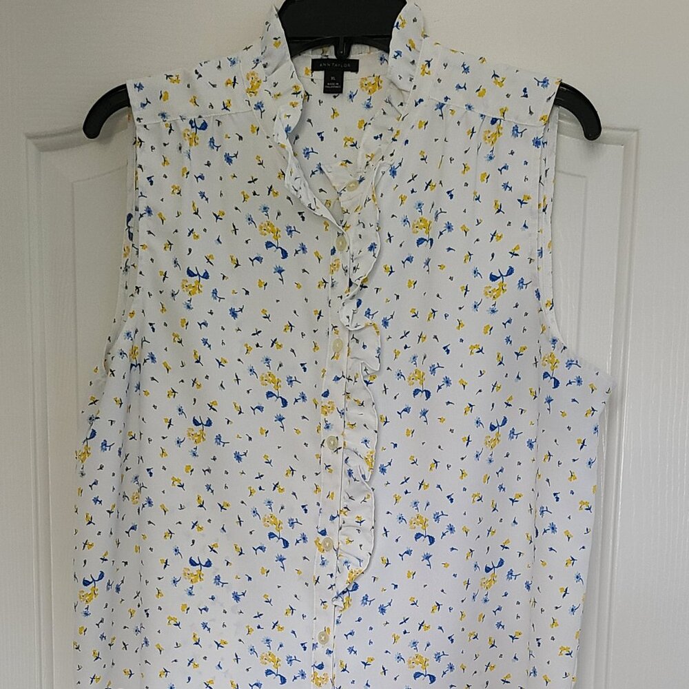 Ann Taylor Ruflfe Pintucked Popover Shell, XL